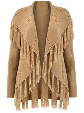 Belldini Camel Fringed Open-Front Knit Cardigan